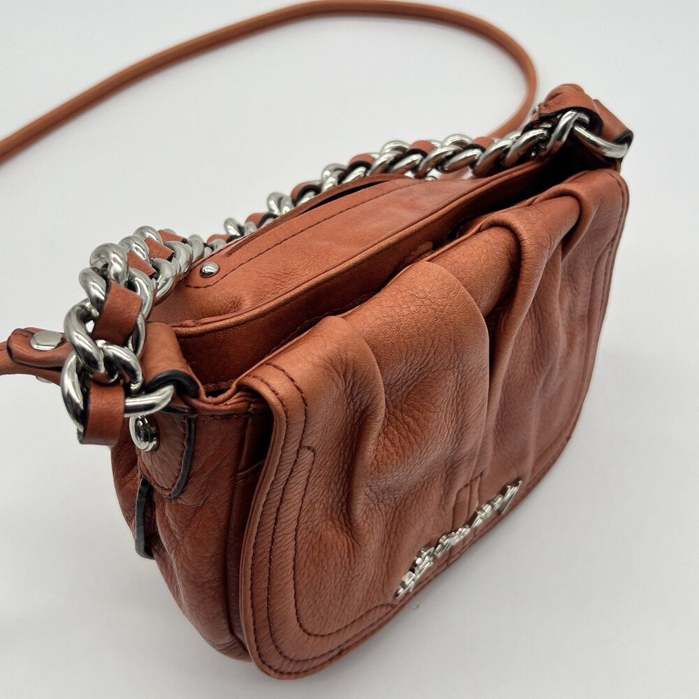 B. Makowsky Soft Leather Crossbody Shoulder Bag Purse Wet Shimmer Chrome Chain
